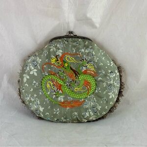 Vintage Handmade Satin Clutch Embroidered Dragon Design Metal Kiss Clasp Purse